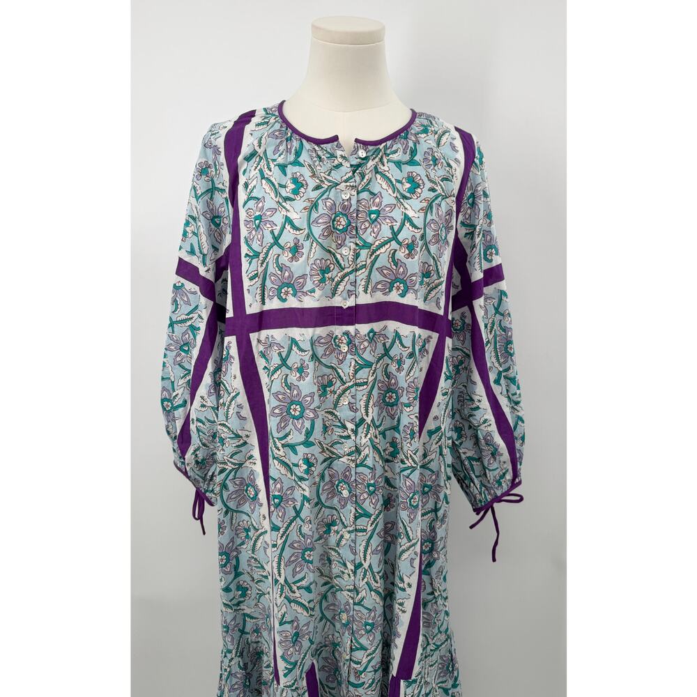 Antik Batik Marius Cotton Floral Maxi Dress Caftan Aqua Purple Floral L 42